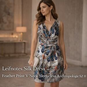 Leifnotes Silk Dress Feather Print V Neck Sleeveless Anthropologie SZ0